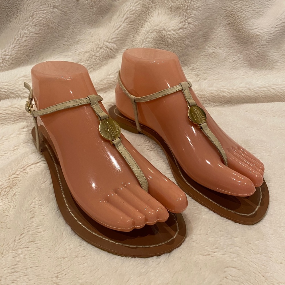 Lauren Ralph Lauren LRL Aina Leather T-Strap Khaki Flat Sandals Size 6.5 VGC - Picture 1 of 10